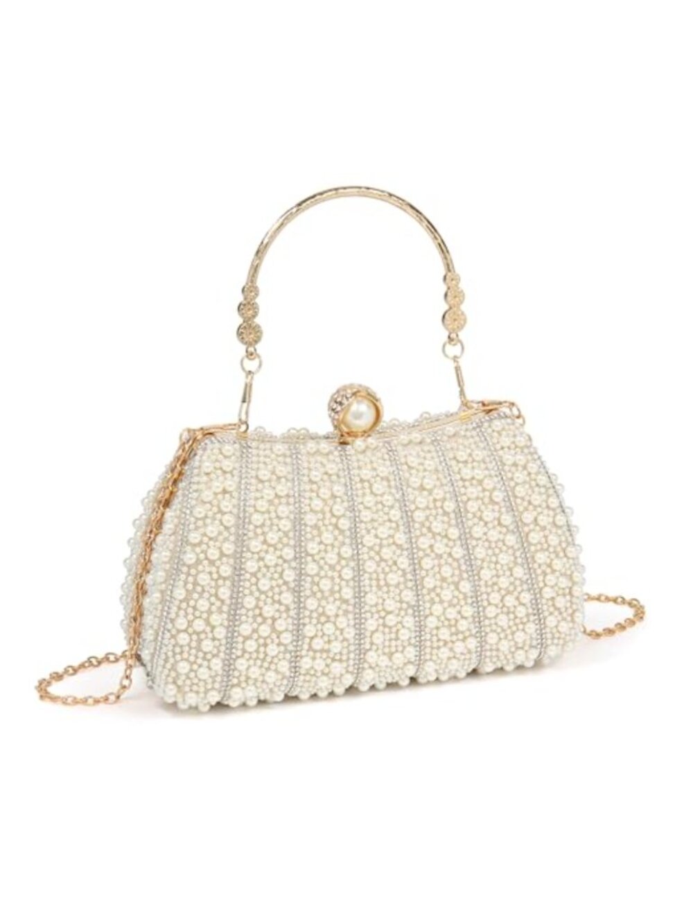 Pearl Clutch Purse Beaded Bridal Evening Bag with Chain Strap